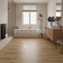 Виниловая SPC плитка Arbiton Дуб Гленмор CW300 Woodric Acoustic — интерьер ванной комнаты
