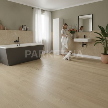 Виниловая SPC плитка Arbiton Дуб Вестон CW301 Woodric Acoustic — интерьер ванной комнаты