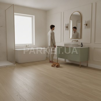Виниловая SPC плитка Arbiton Дуб Комо CW302 Woodric Acoustic — интерьер ванной комнаты