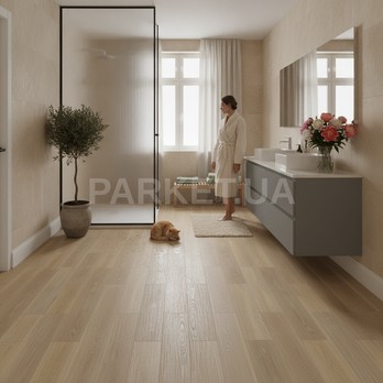 Виниловая SPC плитка Arbiton Дуб Лоренцо CW303 Woodric Acoustic — интерьер ванной комнаты